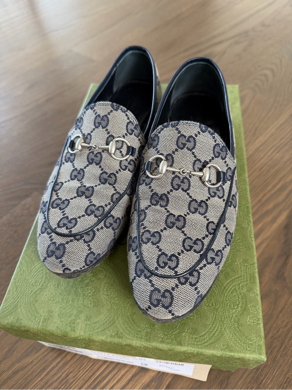 Gucci Beige Canvas GG Horsebit Loafer with Navy Trim - Picture 3 of 11